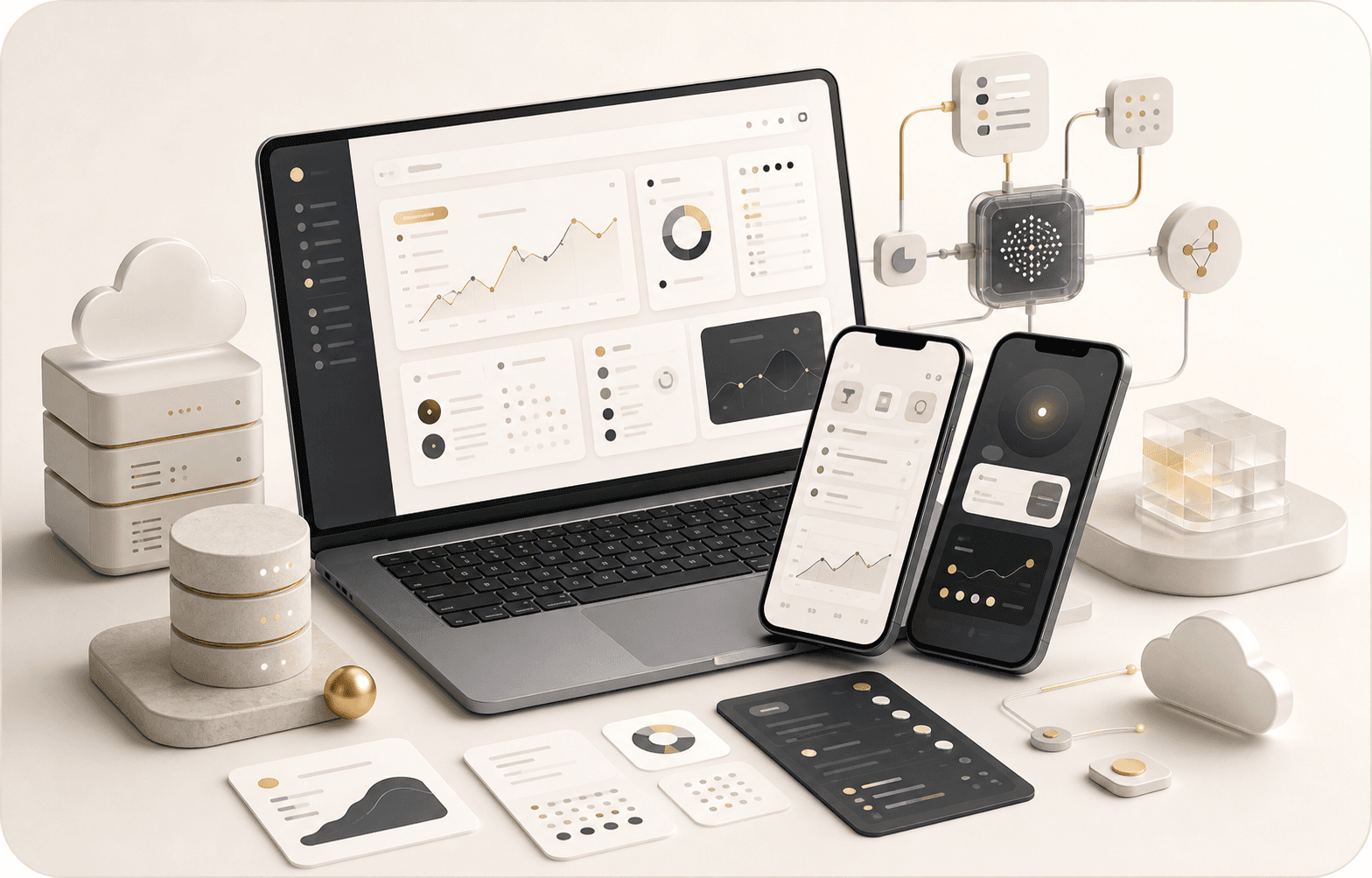 Premium-Produktsystem mit Web, Mobile, KI-Ablauf, Backend, Cloud und operativen Leistungen