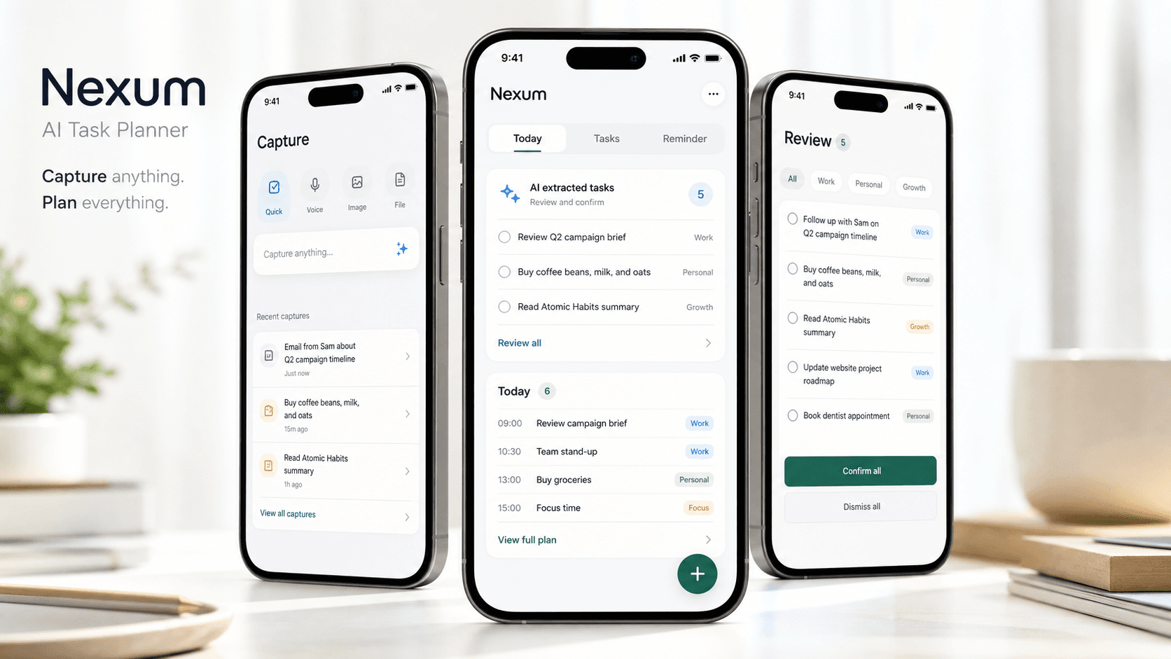 Nexum AI Task Planner mobile app shown on three phones