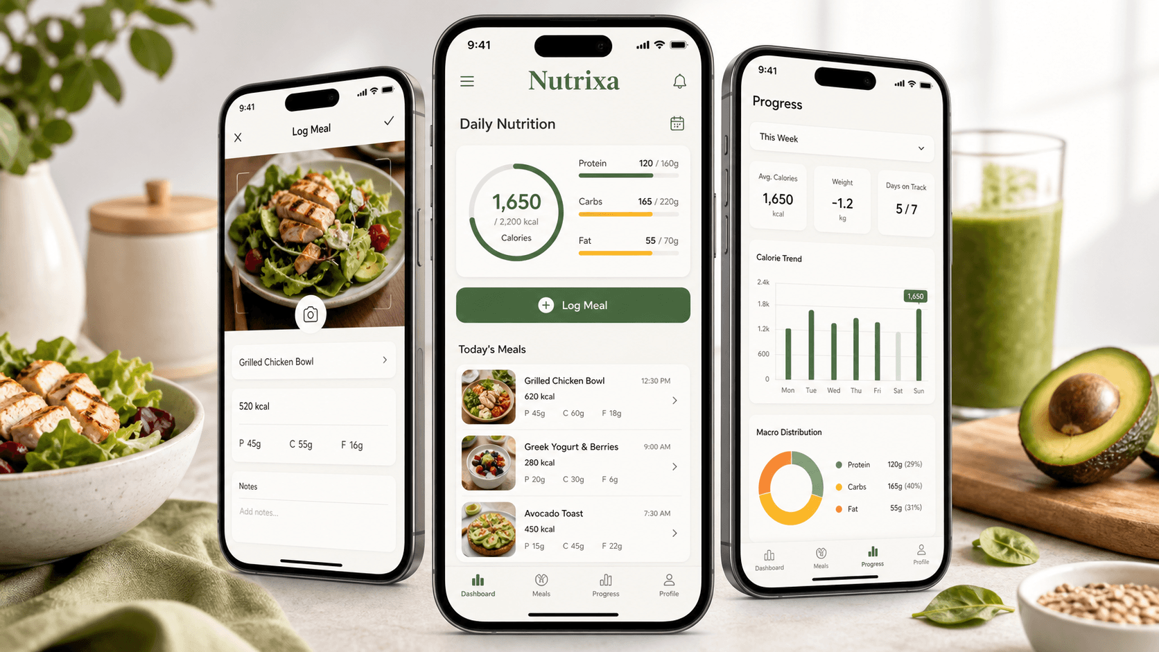 Nutrixa Calorie Tracker mobile app shown on three phones