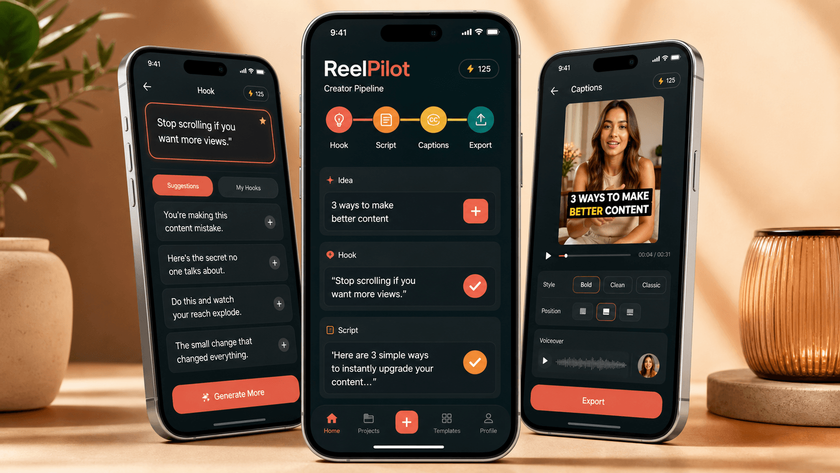 ReelPilot mobile app creator workflow shown on three phones
