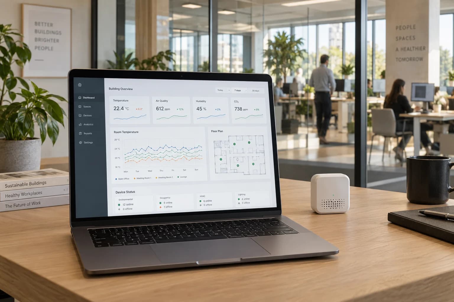 Illustrative laptop dashboard with building measurements and a room sensor