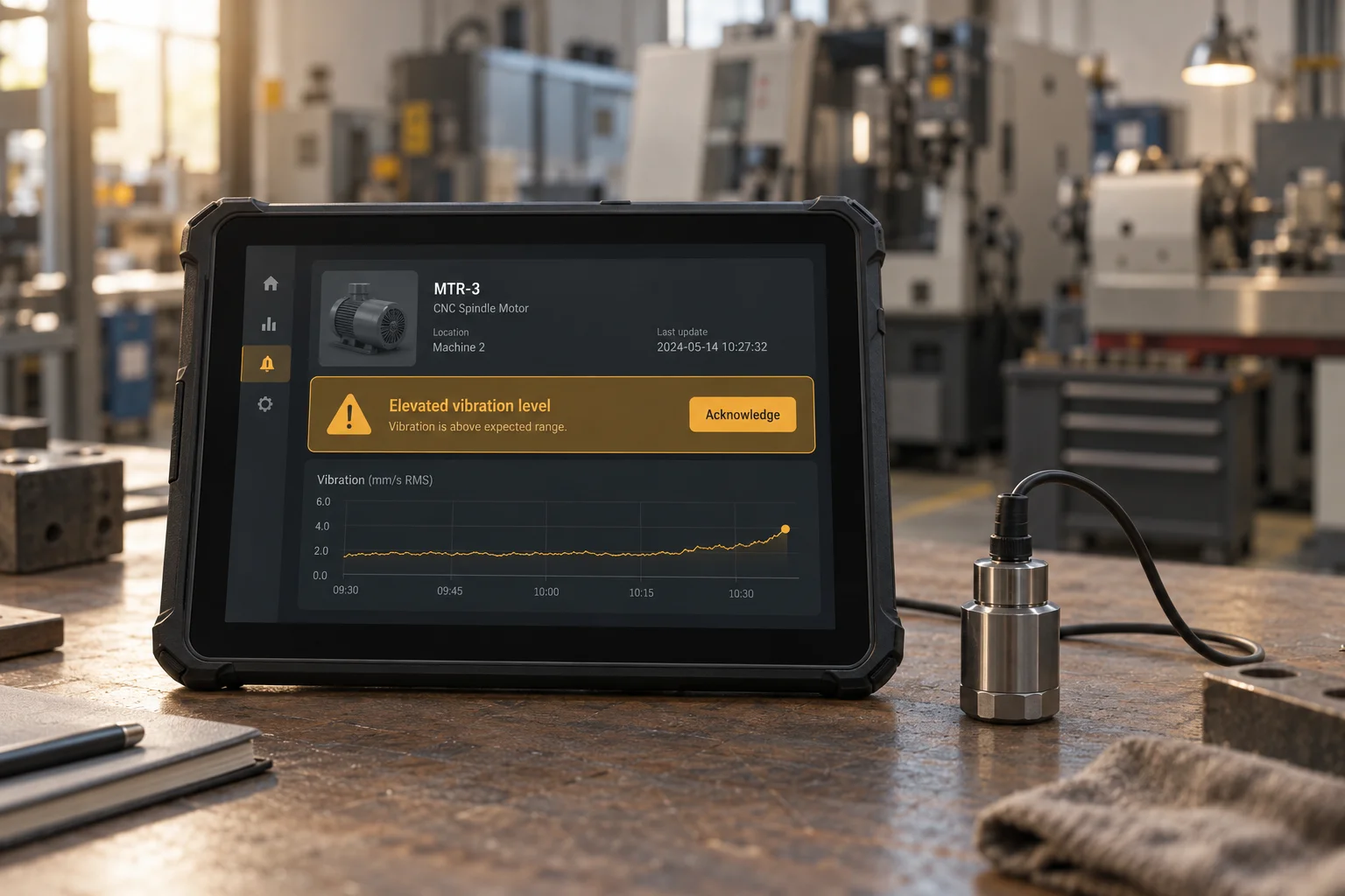 Illustrative tablet showing an equipment alert beside an industrial sensor