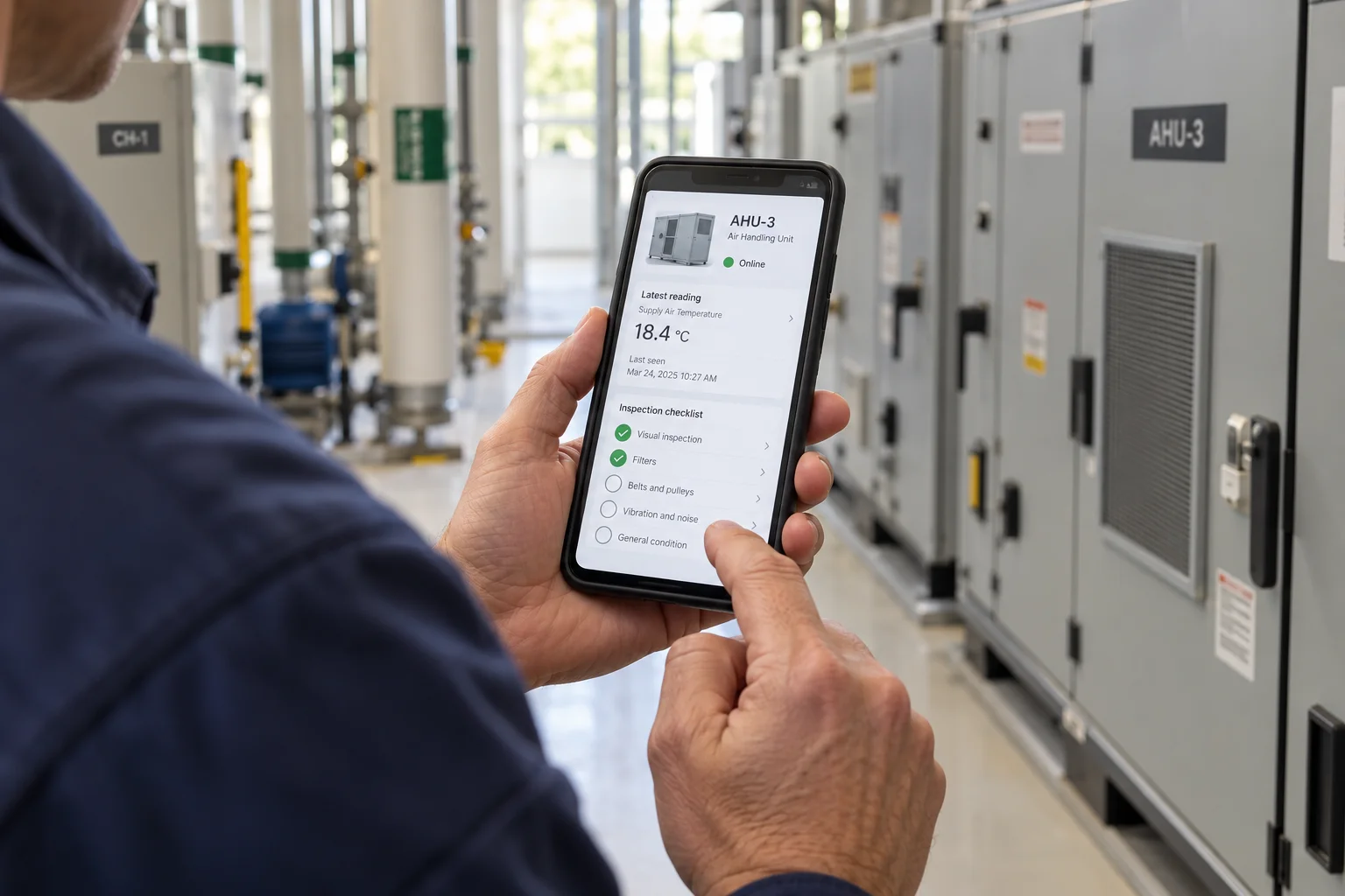 Illustrative technician reviewing device status on a smartphone