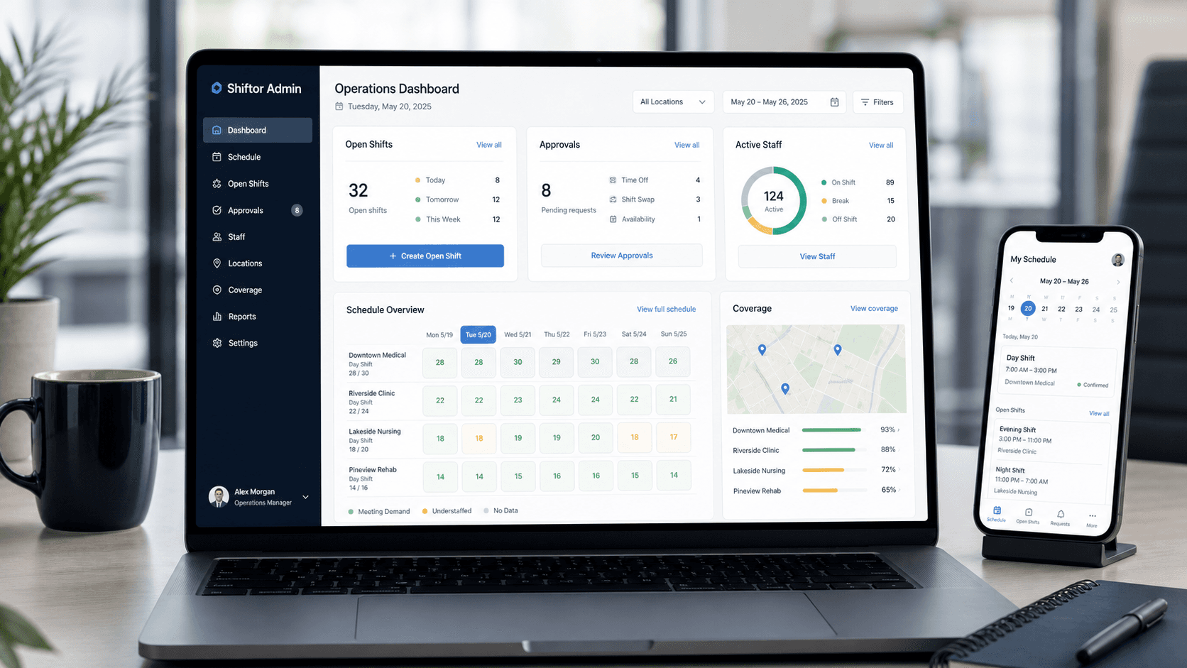 Shiftor Admin operations dashboard shown on a laptop with employee mobile context