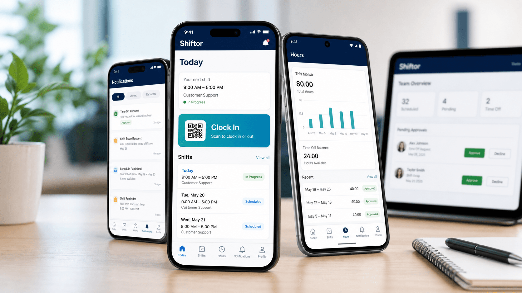 Shiftor workforce mobile app shown on three phones with admin operations in the background