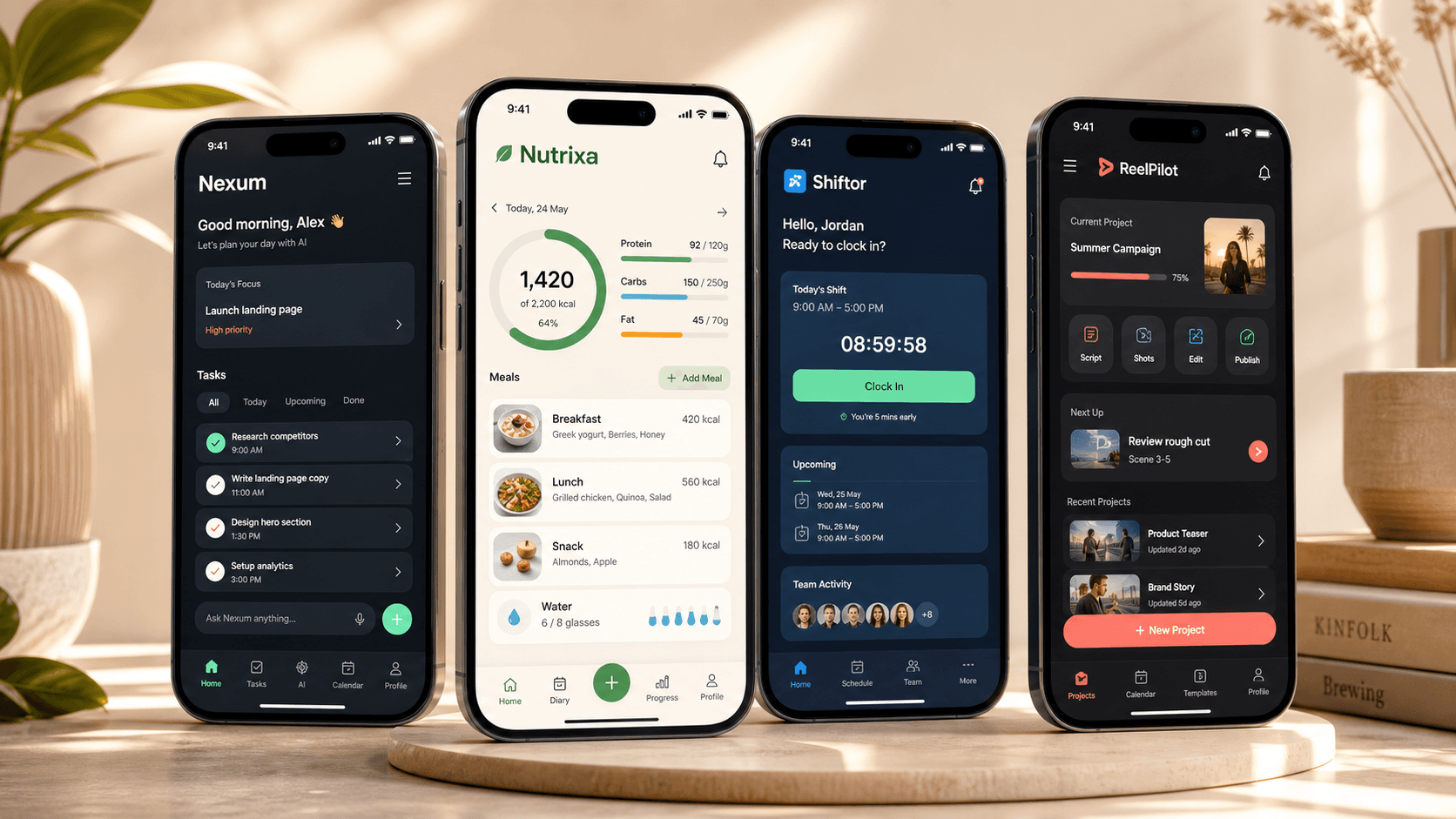 Goi Labs mobile app portfolio shown across Nexum, Nutrixa, Shiftor, and ReelPilot phones