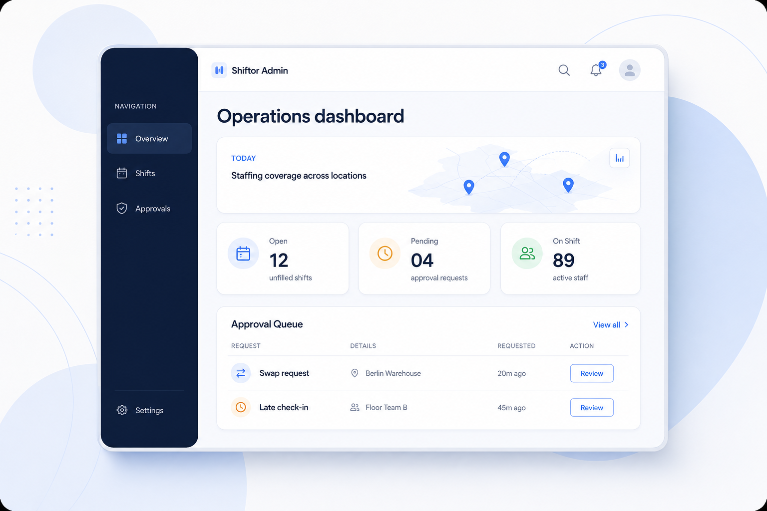 Shiftor admin workspace preview
